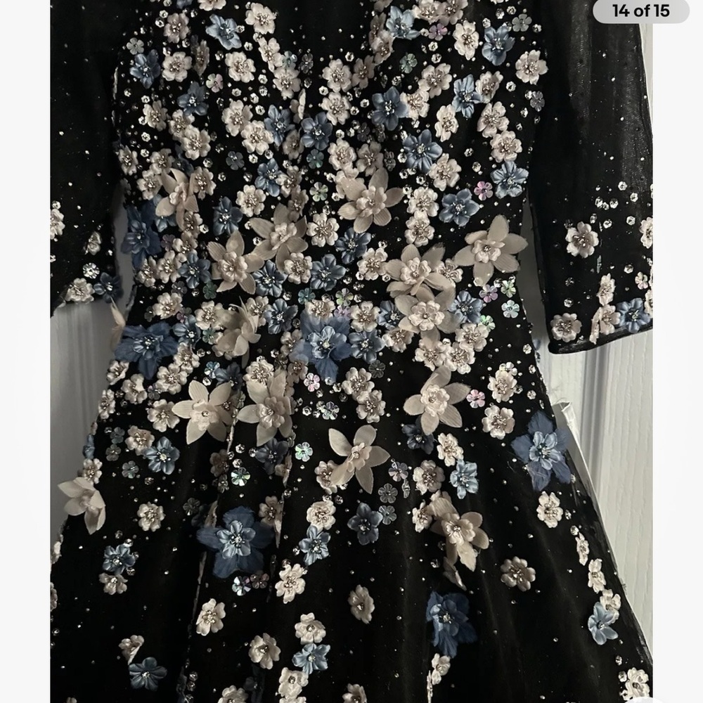 Mac Duggal Floral Appliqué Midi Cocktail Dress Size 6 Mesh romantic Edgy Lined - Picture 13 of 14